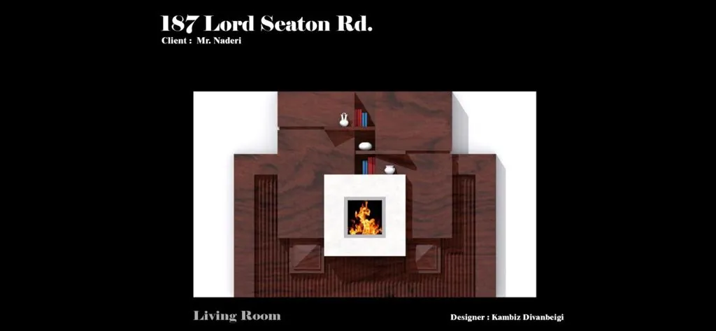 Design board: brick-red stone fireplace wall with a lit square hearth and framed shelves
